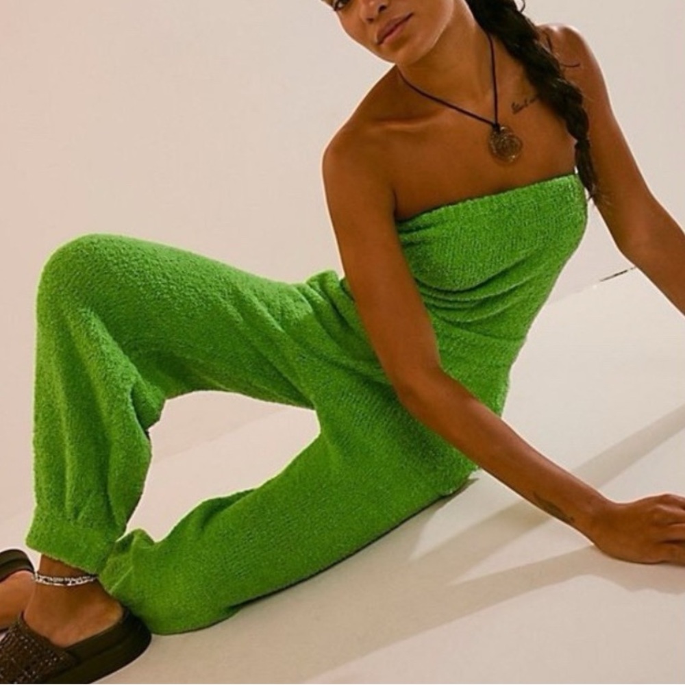 Free People Claire Women's One Piece‎ Fuzzy Terry Sleeveless Jumpsuit Green Sz S